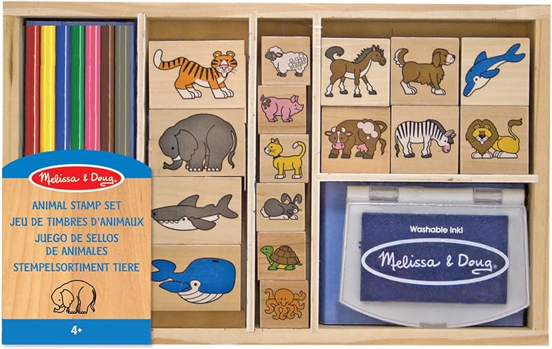 Melissa & Doug Animal Stamp Set | 16 Stamps | Colored Pencils | Wooden Box |