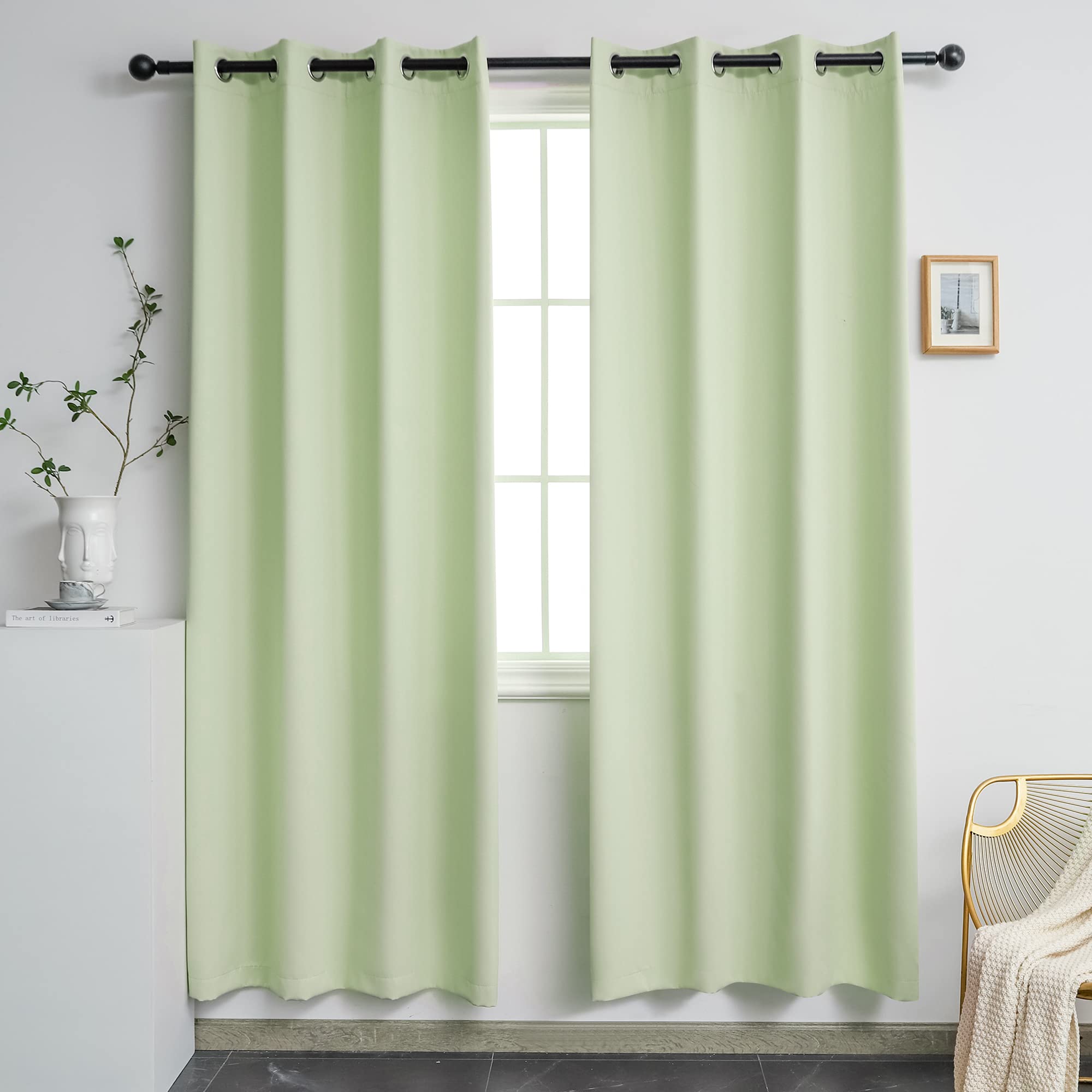 YGO Green Solid Blackout Drapes Room Darkening Pea Green Themal Insulated Grommet Eyelet Top Nursery Living Room Curtains Each Panel 52 W x 72 L Set of 2 Panels