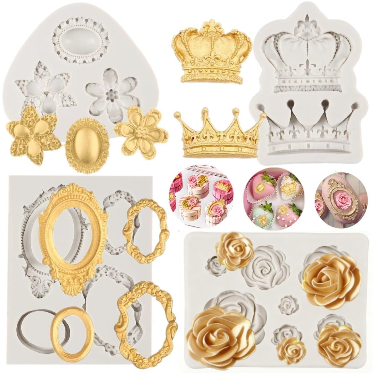 Photo 1 of Vintage Picture Frame Fondant Mold Baroque Style Crown Rose Flower Silicone Mold for Chocolate Sugarcraft Cupcake Topper Jewelry Polymer Clay Crafting Projects