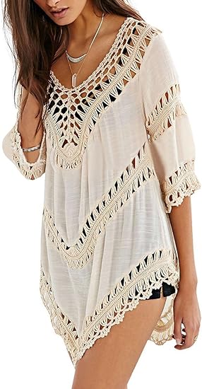 Amazon レディース ビーチカバーアップ Vネック ビーチ水着 チュニック ミニ ドレス ブラウス トップス ビーチドレス レースワンピース 白 透け感 七分袖 ラッシュガード 体型カバー Uvカット 日焼け止め 海ビキニ水着用 普段着 ビーチ姫 ベージュ イブニングドレス 通販