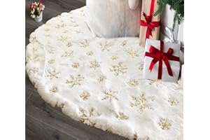 AOGU 60 Inch Sequin Faux Fur Christmas Tree Skirt Decoration for Merry Christmas Party White Plush Gold Sequin Snowflake Xmas Christmas Tree Skirt Decorations