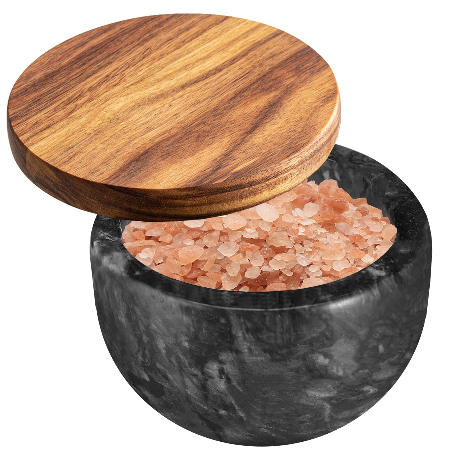 Jalz Salt Box Spice Pinch Pot Black Marble Base Wood Cover Pepper Canister Salt Cellar Jar