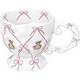 Cute Coffee Mug with Pink Bow Bear, Handmade Kawaii 14 oz Ceramic Mug for Tea Milk Latte Cocoa Funky Novelty Porcelain Cup Birthday Mothers Day Gifts for Women, Valentines Day Gifts for Her