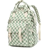 Lrenagao Laptop Backpacks for Women, Corduroy High School College Bookbag 15.6 Inch Laptop Bags for Girls Travel Daypack - Checkered Green