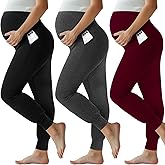 Geyoga 3 Pack Womens Maternity Pants Over The Belly Stretchy Pregnancy Sweatpants Comfy Pregnancy Joggers with Pockets(Black, Dark Grey, Wine Red,X-Large)