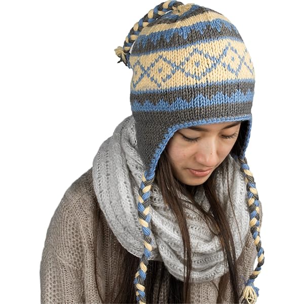 KayJayStyles Nepal Hand Knit Ear Flaps Beanie Skull Ski 100% Wool