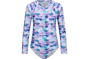 Aisyee Girls One Piece Swimsuits Long Sleeve Rash Guard Kids Hawaiian Bathing Suit UPF 50+ Swim Shirts 3-16 Years