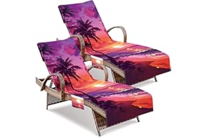 HEIFAM Pool Beach Chair Covers with Pockets 2 Pcs, Sunset Lounge Chair Towel Cover, Sun Lounger Covers for Outdoor Sunbathing Trips, 85 X30 In
