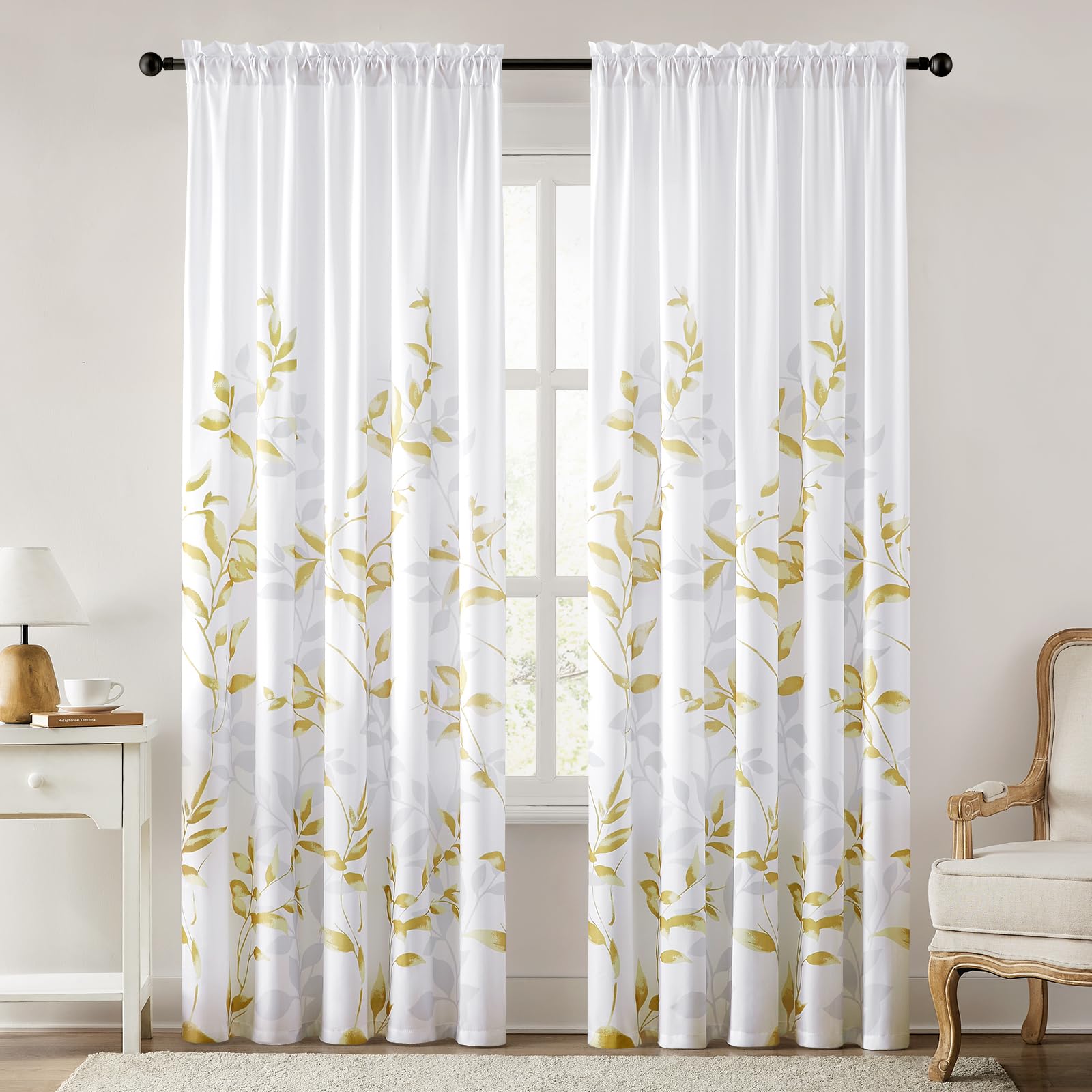HOMEIDEAS Non-See-Through Gold and White Privacy Sheer Curtains 52 X 84 Inch Length 2 Panels, Leaf Floral Printed Light Filtering Semi Sheer Window Curtains Drapes for Bedroom Living Room