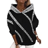 xxxiticat Women's Shiny Sequin Hooded Sweatshirt Long Sleeve Casual Bling Sparkly Striped Color Block Pullover Hoodies