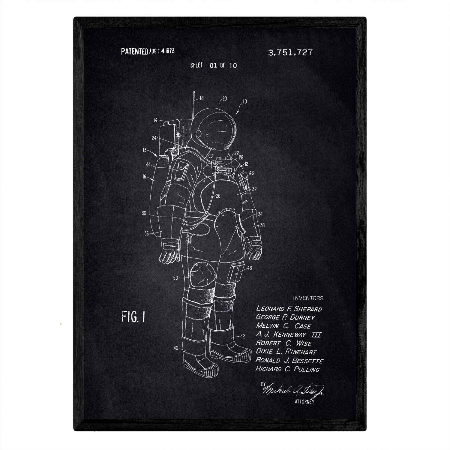 Nacnic Poster with Patent astronaut suit. Sheet with old design patent A3 size with black background