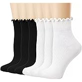 Sunporx Ruffle Ankle Socks Knit Cotton Breathable Comfortable Black Socks for Girls 6 Pack