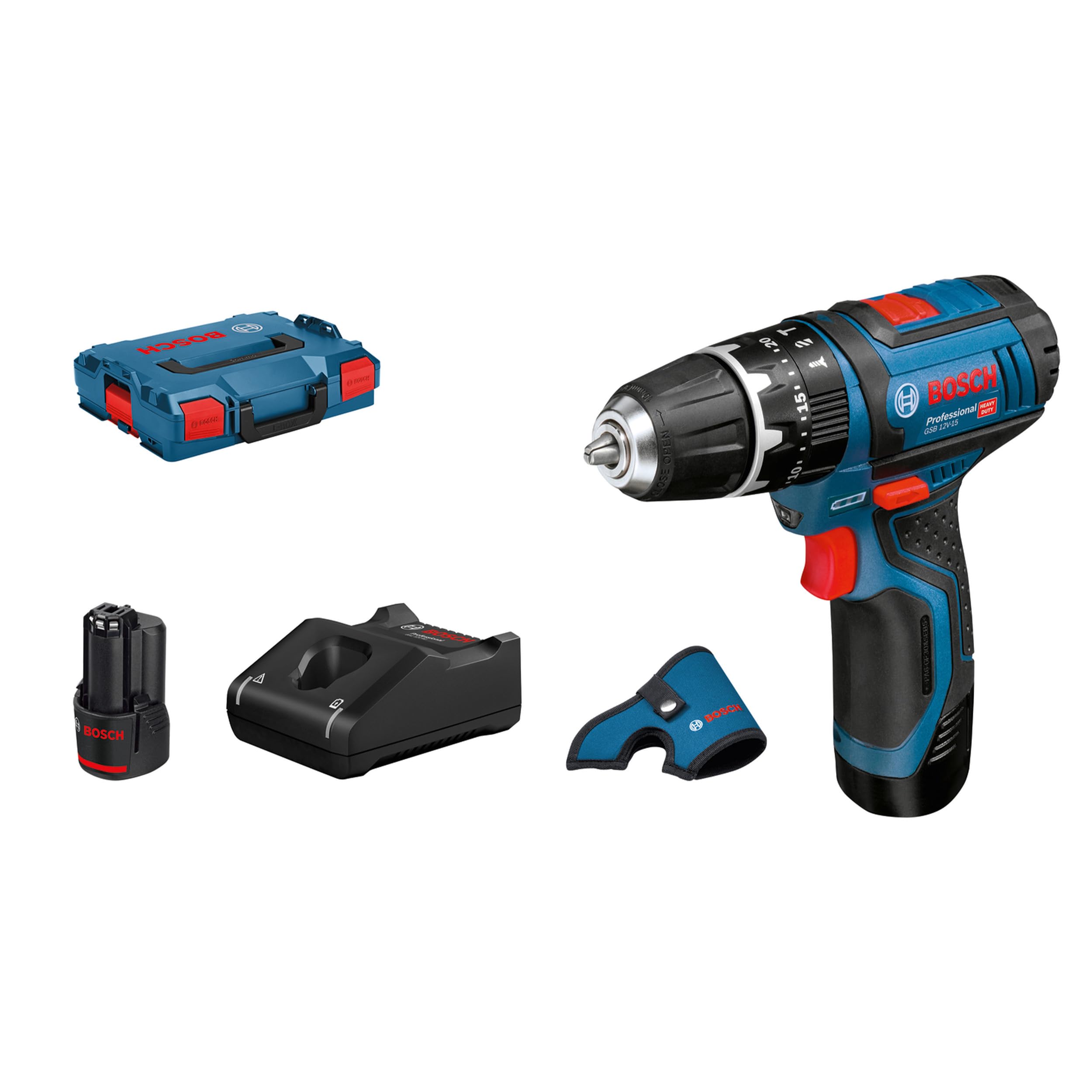 Bosch Professional 12V System Akku Schlagbohrschrauber GSB 12V-15 (inkl. 2x GBA 12V 2.0Ah, GAL 12V-40, Holster, 2x Einlage, L-BOXX)