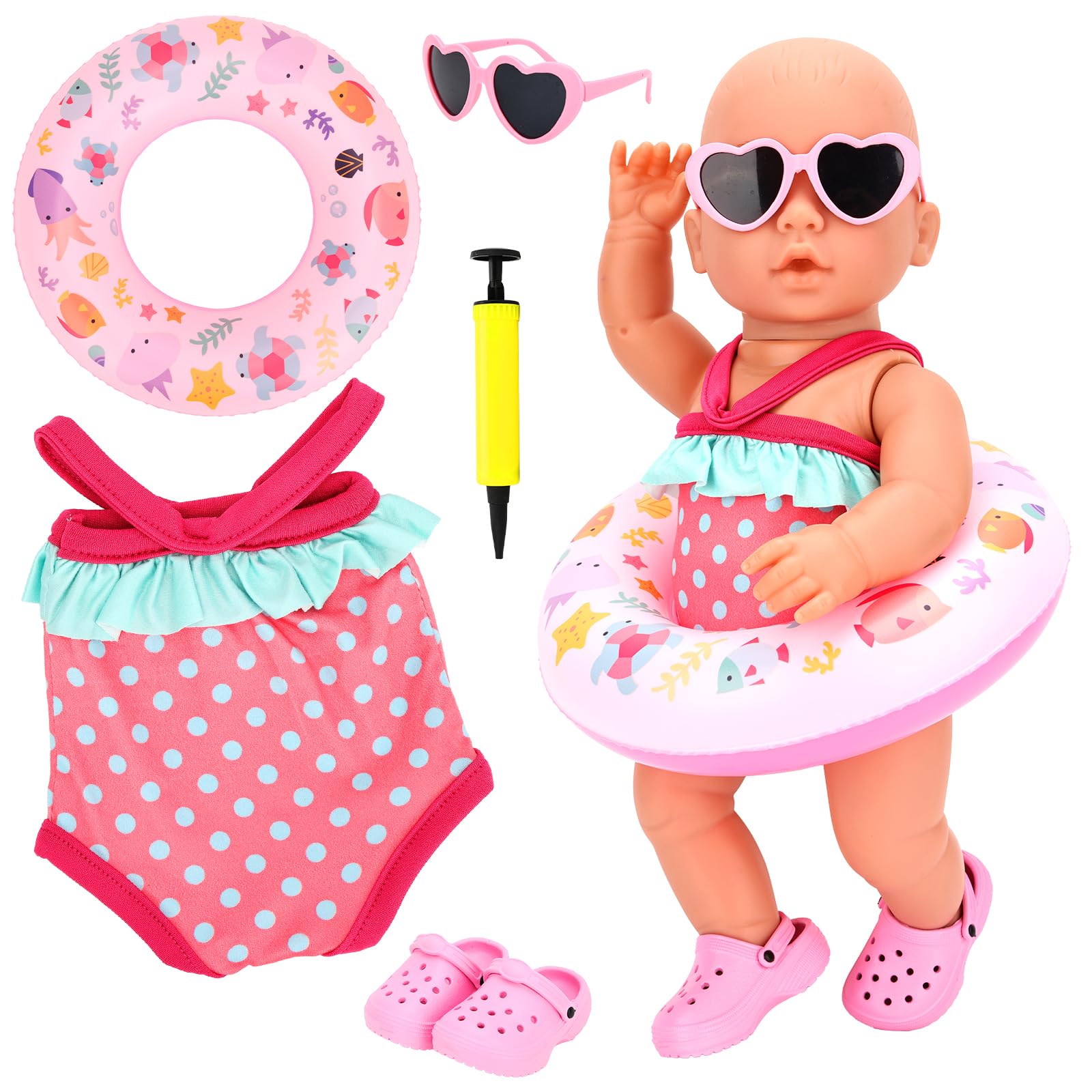 Miunana Baby Doll Clothes Swimsuits for 14-17 Inch Doll 35-43 cm Baby Doll, New Doll Clothes Outfits, Swim Ring, Swimsuit, Glasses, Inflator Shoes for Baby Dolls Girls Birthday