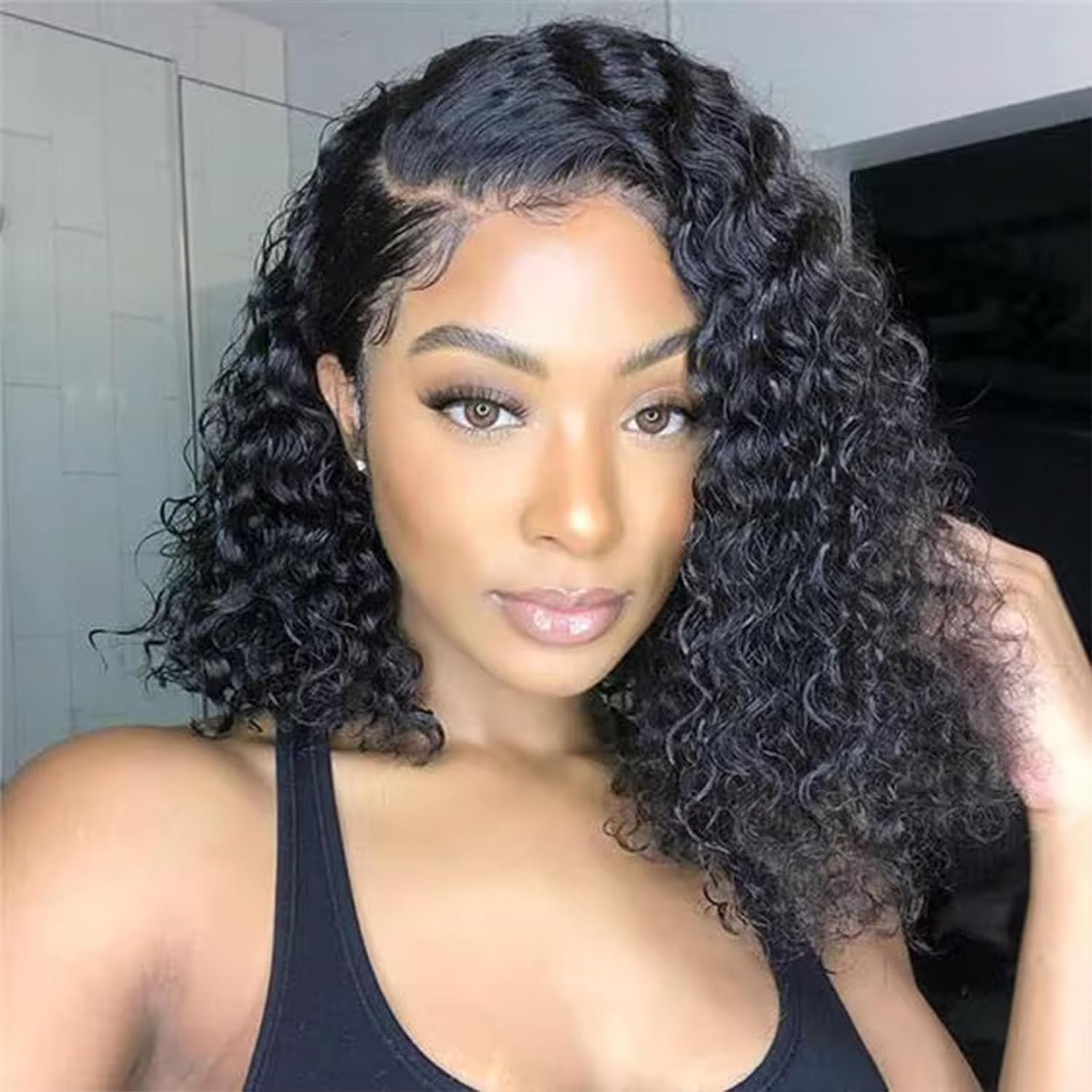 Jreitsere 13x6 Curly Deep Wave Bob Wig Human Hair 12 Inch HD Lace Front Wigs Human Hair For Black Women 180 Density Glueless Wig Pre Plucked Baby Hair Natural Black Real Virgin Brazilian Human Hair