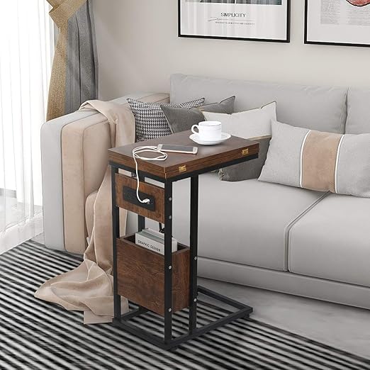Industrial End Table with Charging Station & USB Ports, C