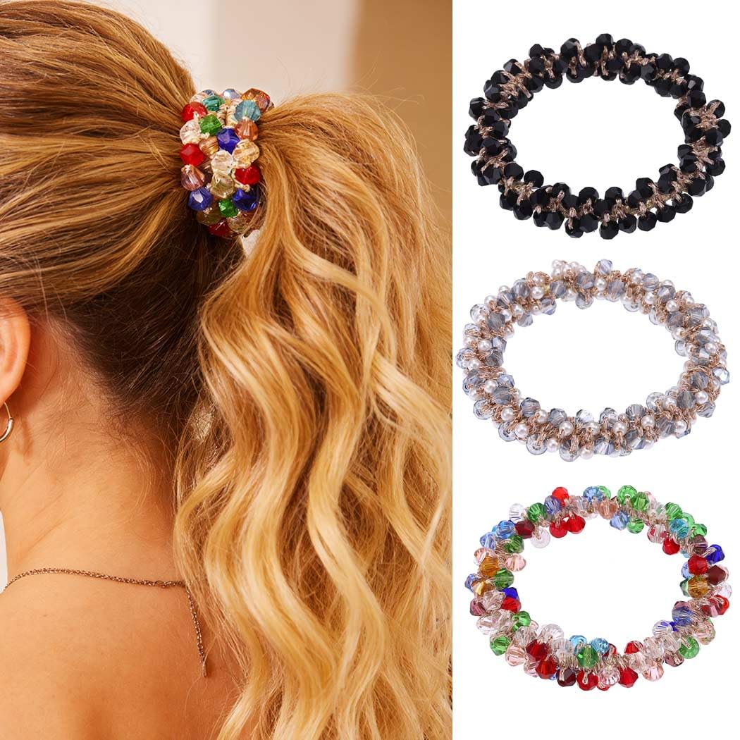 Zoestar Pearl Hair Ties Crystal Hair Scrunchies Elastic Hair Ropes Ponytail Holder Fashion Hair Accessories for Women and Girls(Pack of 3) (B)