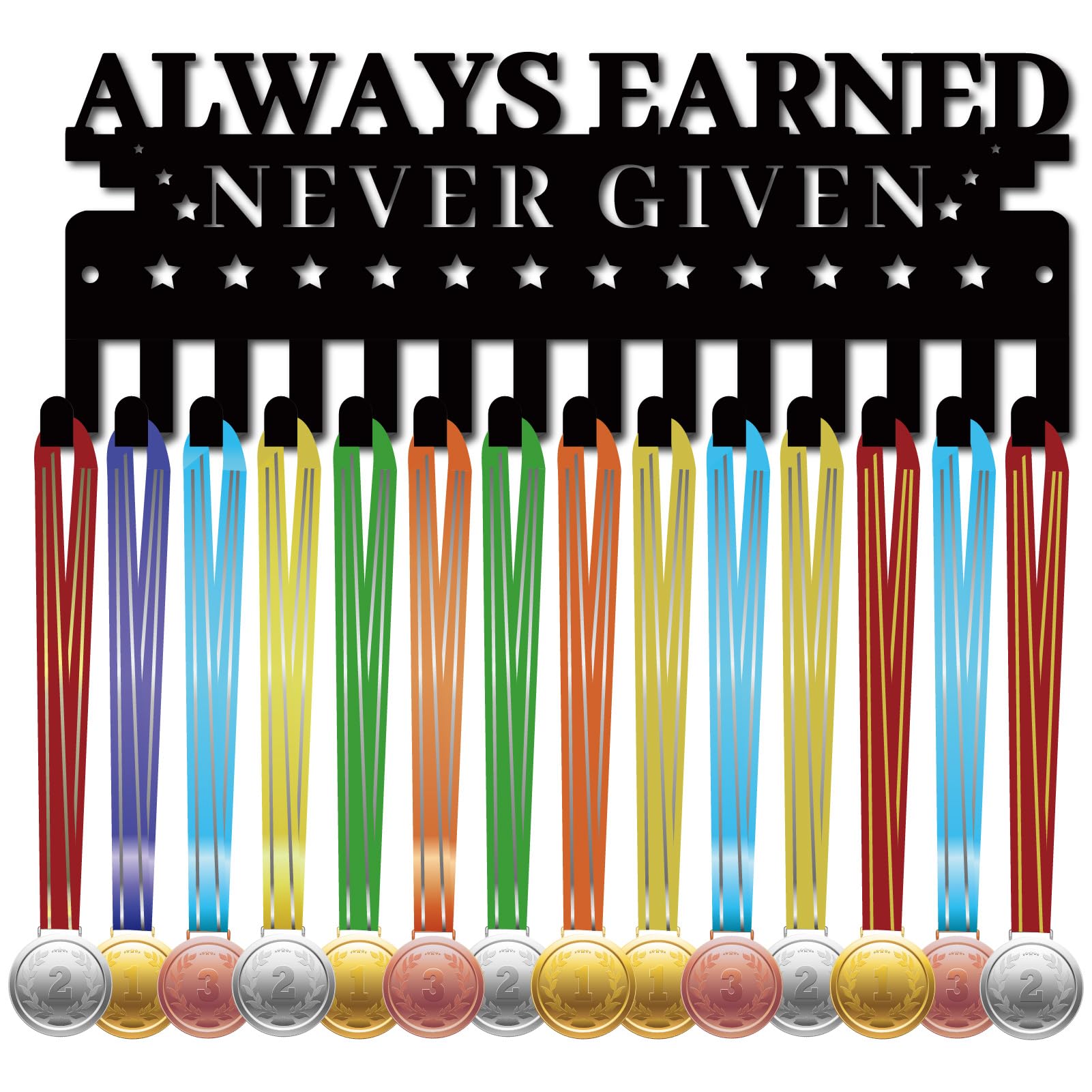 CREATCABIN Medal Holder Hanger Medals Display Rack Black Metal Small Medal Shelf Organizer Medal Frame Wall Mounted Hanging Over 40 Medals for Lanyard Ribbon 11.4x5Inch-Always Earned Never Given