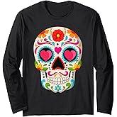 Sugar Skull With Hearts Valentine's Day Skull Long Sleeve T-Shirt