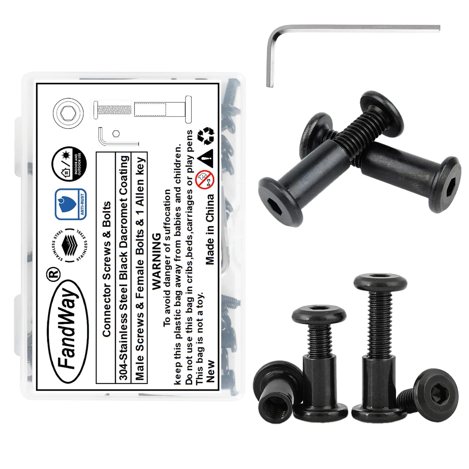 FandWay M8x40mm Connector Bolts 15 Set Furniture Connecting Screws,304 Stainless Steel Black Finish Binding Screws,Cabinet Furniture Bolts Sleeve Nuts With Allen Key For Bed Table Chair Worktop