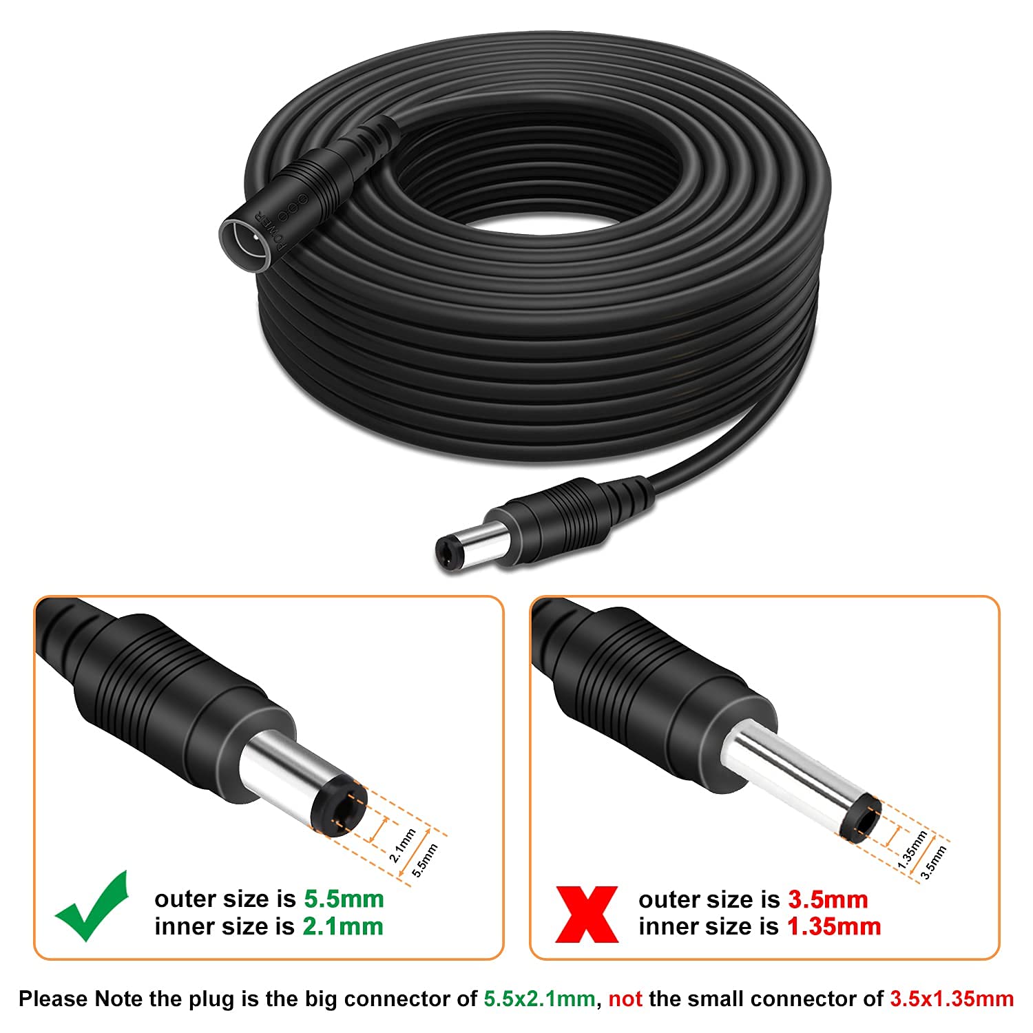 DC Power Extension Cable 33ft 2.1mm x 5.5mm Compatible with 12V DC Adapter Cord for CCTV Security Camera IP Camera Standalone DVR (5.5mm DC Plug 33ft Black)