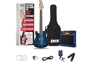 LyxPro Left Hand 30 Inch Electric Guitar Kit for Lefty Kids 3/4 Size Beginner’s Guitar, Amp, Six Strings, Two Picks, Shoulder Strap, Digital Clip On Tuner, Guitar Cable and Soft Case Gig Bag - Blue