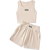 Verdusa Girl's 2 Piece Outfits Summer Letter Graphic Tank Top and Shorts Clothing Sets 8-12 Years