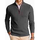 Runcati Mens Quarter Zip Pullover Sweaters Mock Neck Slim Fit Lightweight Pullover Waffle Knit Casual Polo Sweater