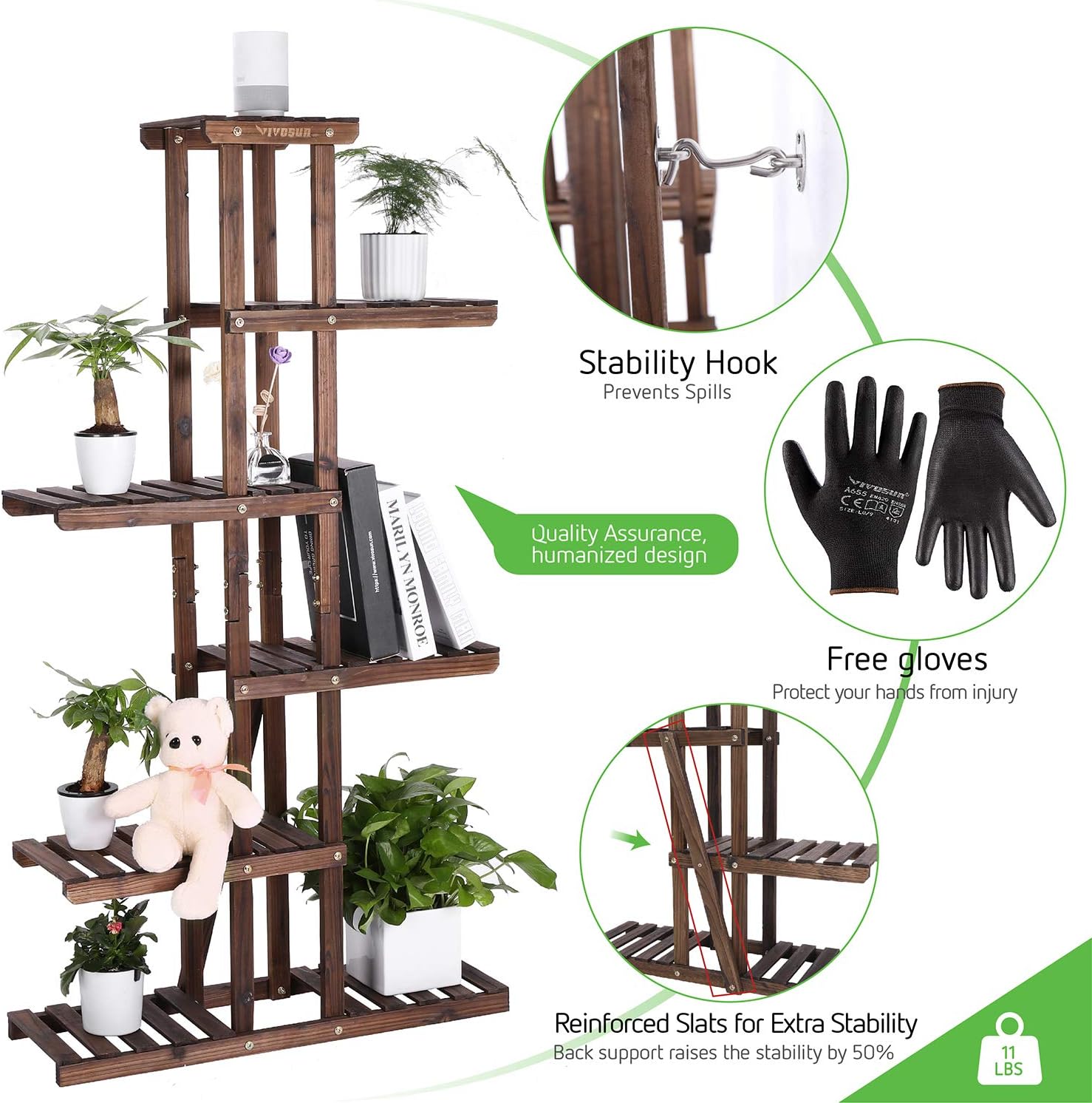 VIVOSUN Wood Plant Stand High Low Shelves Flower Rack Display for Indoor Outdoor(with a Pair of VIVOSUN Glove) : Garden & Outdoor