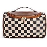 Vintage Makeup Bag for Women Portable Retro Checkered Pattern Cosmetic Organizer Patchwork Style Pillow Storage Pouch Skincare Storage Bag Large Capacity Elegant Handheld Waterproof Handbag (Brown)