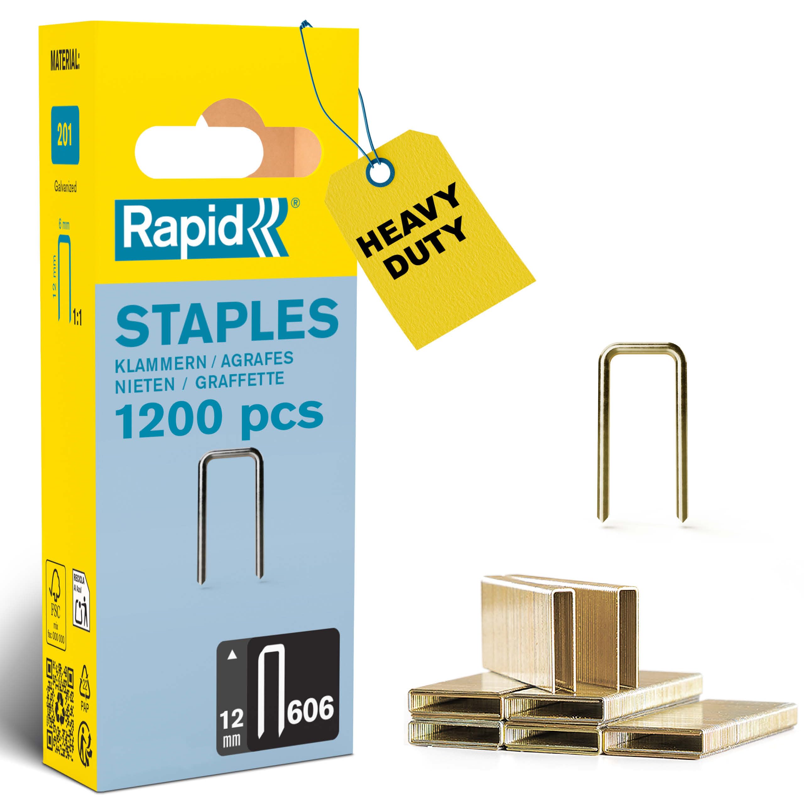 Rapid High-Performance Staples for Dense Materials, Narrow Crown No. 606, Leg Length 12mm, Staple Gun Staples, Resin-Coated Galvanised Steel, 1200 Pieces, Narrow Blister (40109527)