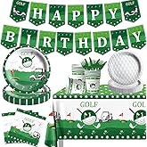 Golf Party Decoration,142PCS Sports Tableware Golf Plates and Napkins Golf Party Supplies Include Happy Birthday Banner Golf Tablecloth for Golf Birthday Party Decoration