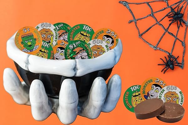 FRUIDLES HALLOWEEN MONSTER MONEY COINS MUNNY, TRICK-OR-TREAT PARTY BAG FILLERS, INDIVIDUALLY WRAPPED IN ORANGE, GREEN, SILVER COIN DESIGN FOILS, KOSHER CERTIFIED DAIRY (2 POUNDS)