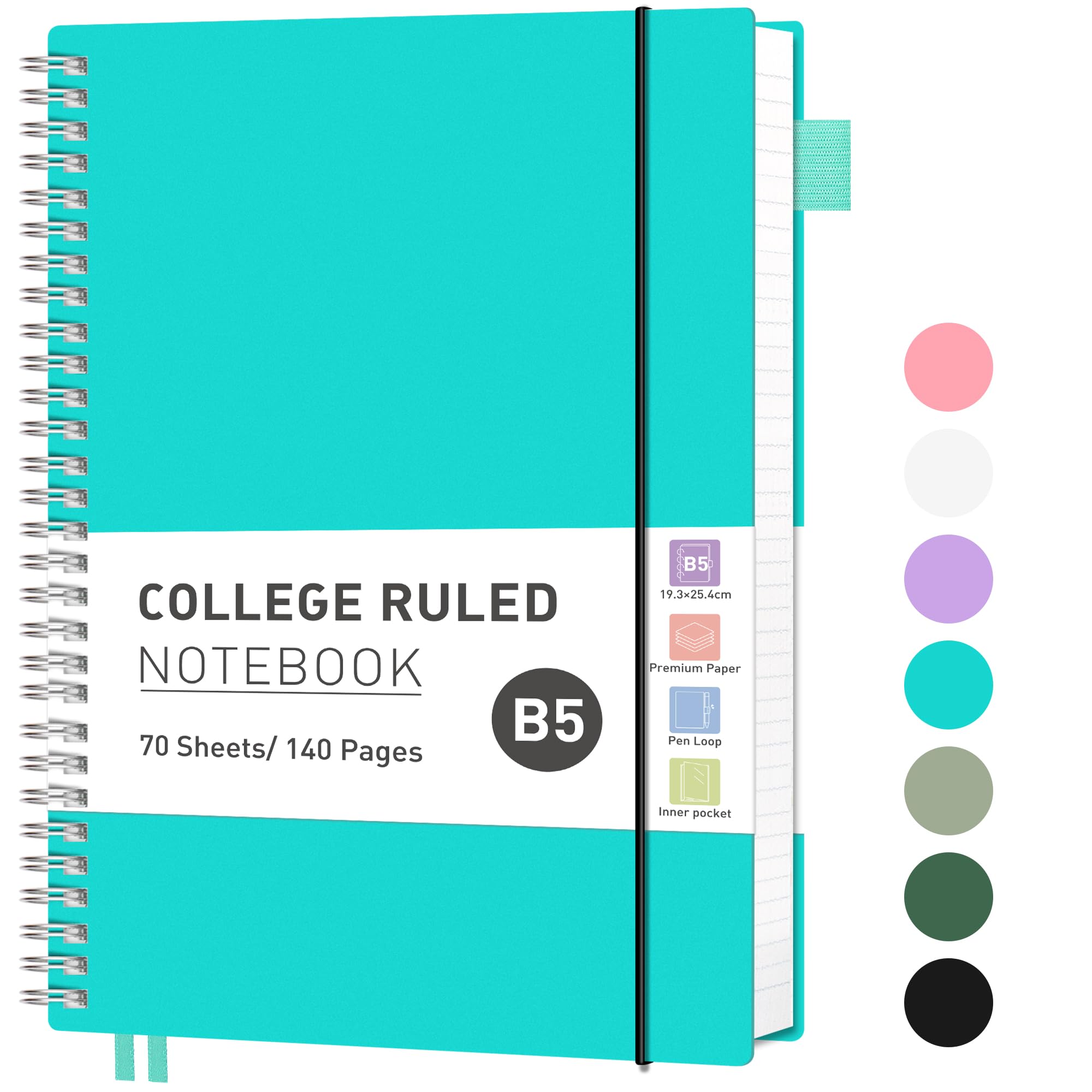 RETTACY B5 journal Notebook, Spiral Notebook 140 Pages/70 Sheets Lined for Women Men,Writing Notepad with 100gsm Paper,PVC Pocket, Pen Loop, Ruler, Bookmark,19 x 25 cm- Turquoise