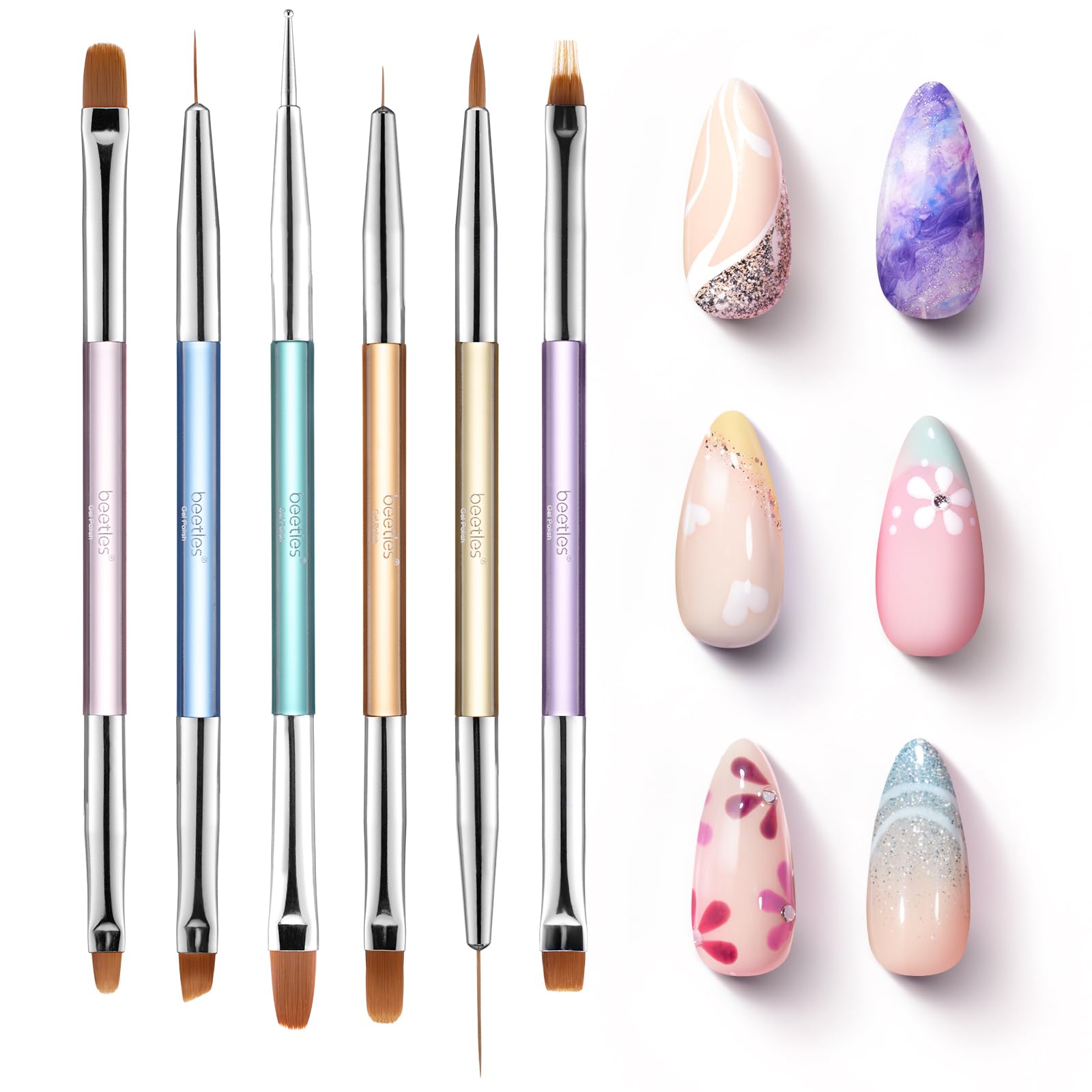 Beetles 6 Pcs Gel Nail Art Brush Set - Gel Polish Design Pen Painting Tools with Flat, Oval, French, Gradient, Liner Brushes and Nail Dotting Pen - Salon DIY at Home Manicure — image 1