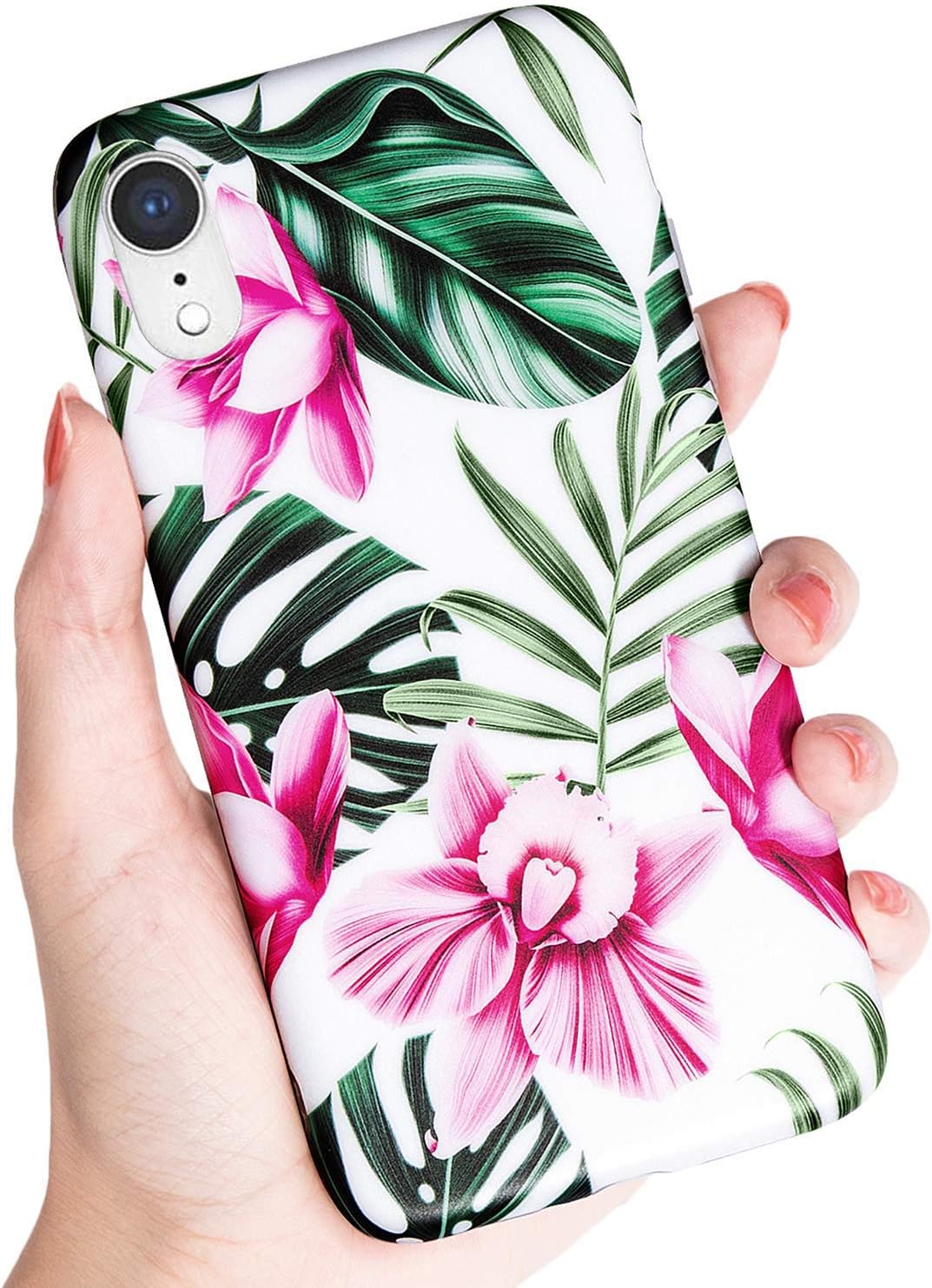 SUBESKING iPhone XR Case,Cute Slim Fit Soft TPU White Floral and Green Leaves Pattern Protective Phone Cover Cases for Women Girls (Pink Flowers)