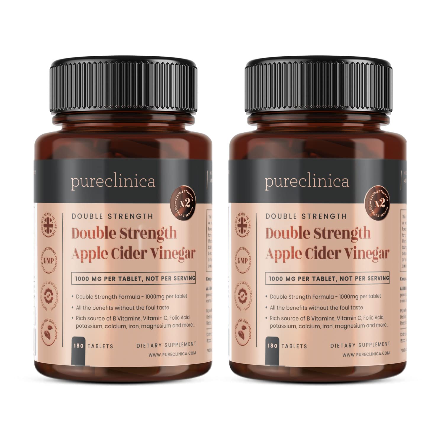 Double Strength Apple Cider Vinegar 1000mg x 360 Tablets (2 Bottles of 180 Tablets - 1 Years Supply)