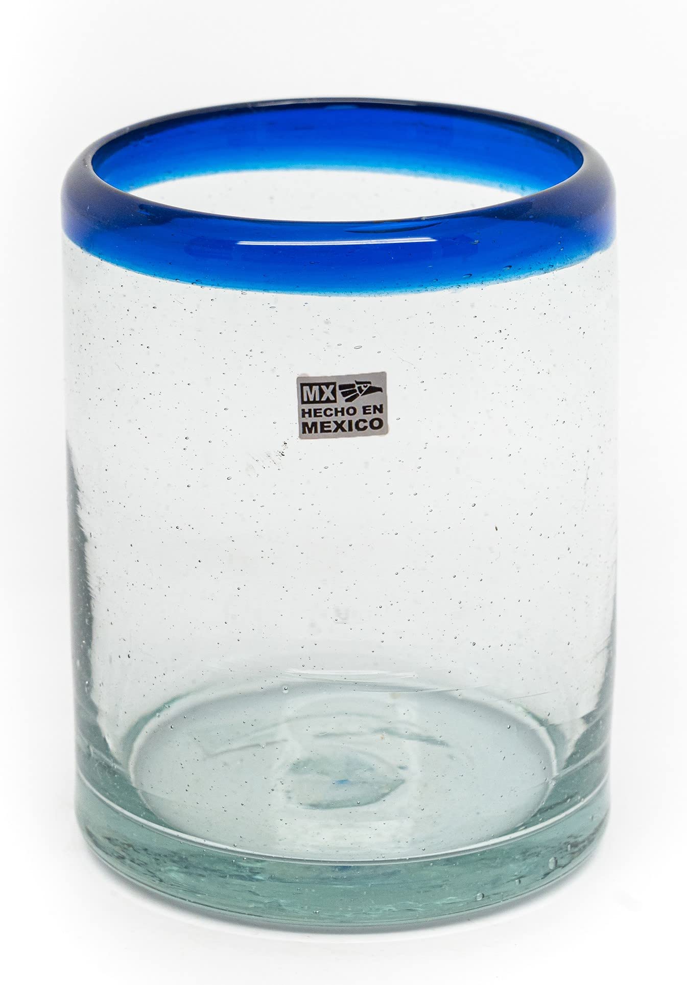 Photo 1 of EMPORION Set of 6 Hand-Blown Tumbler (10 oz) Glasses from Mexico with Cobalt Blue Rim - Rustic & Handcrafted Recycled Bubble Glass Drinking Glassware