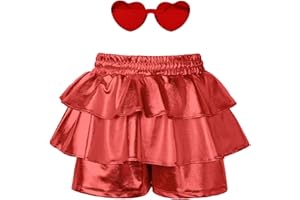 MIRAWISE Girls Pleated Metallic Shorts Shiny Sparkle Ruffle Scooter Skater Dance Elastic Waist Rave Pants with Sunglasses for 6-13Y