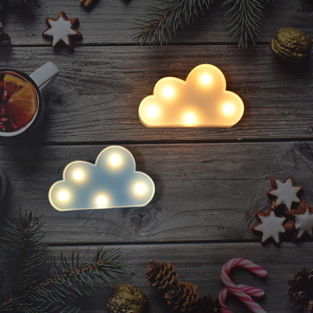 buyWin 2 Pack Cloud Night Light Set - Battery Powered Plastic Marquee Sign Blue & White LED Night Lamps for Home, Children's Bedroom & Nursery, Kids Gift