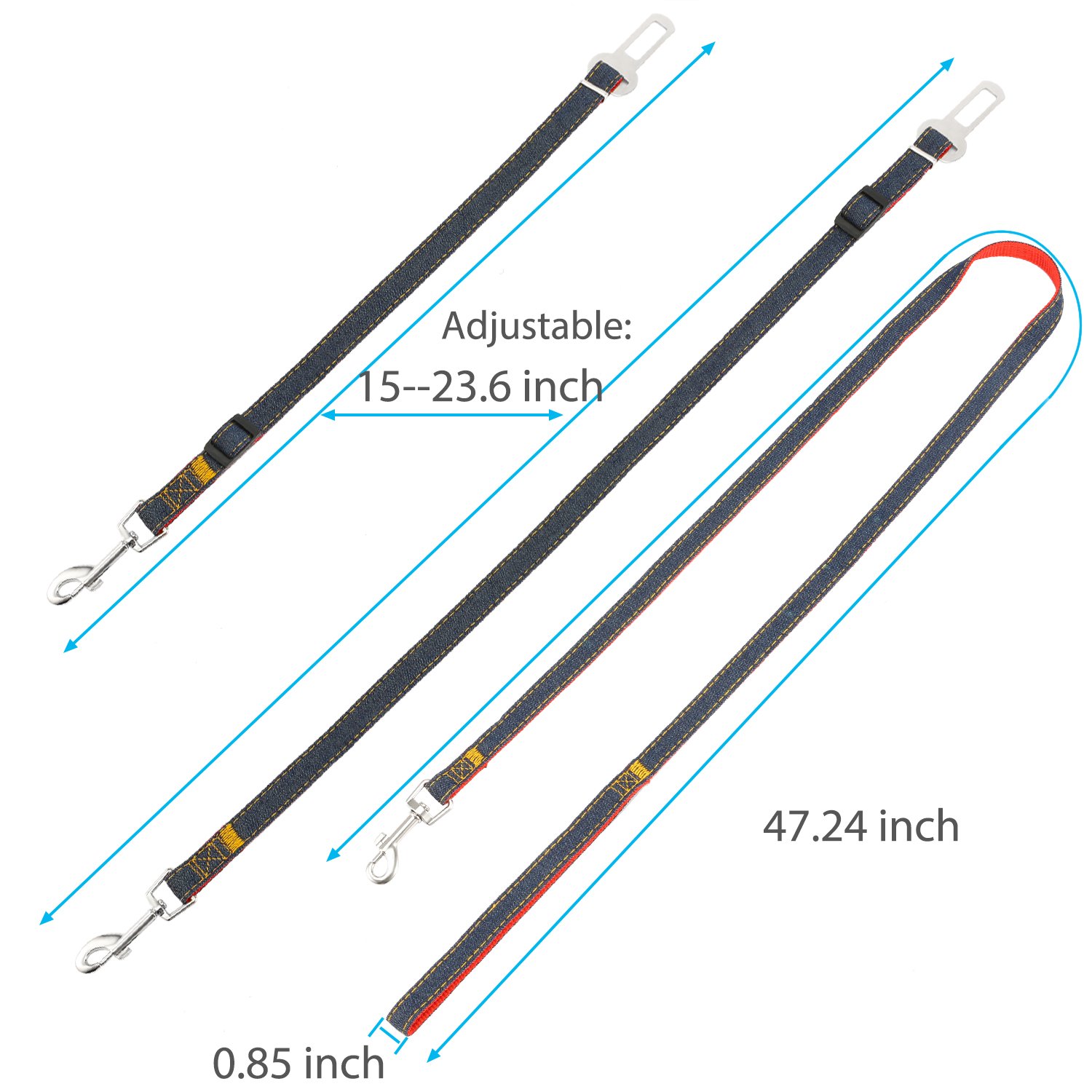 Dog Harness 2 Pcs, Magicfly Dog Leash Harness & Dog Car Seatbelt Harness Set Denim Dog Leash Collar for Small, Medium and Large Dog, Adjustable Dog Leash Harness with handle for Daily Training Walking