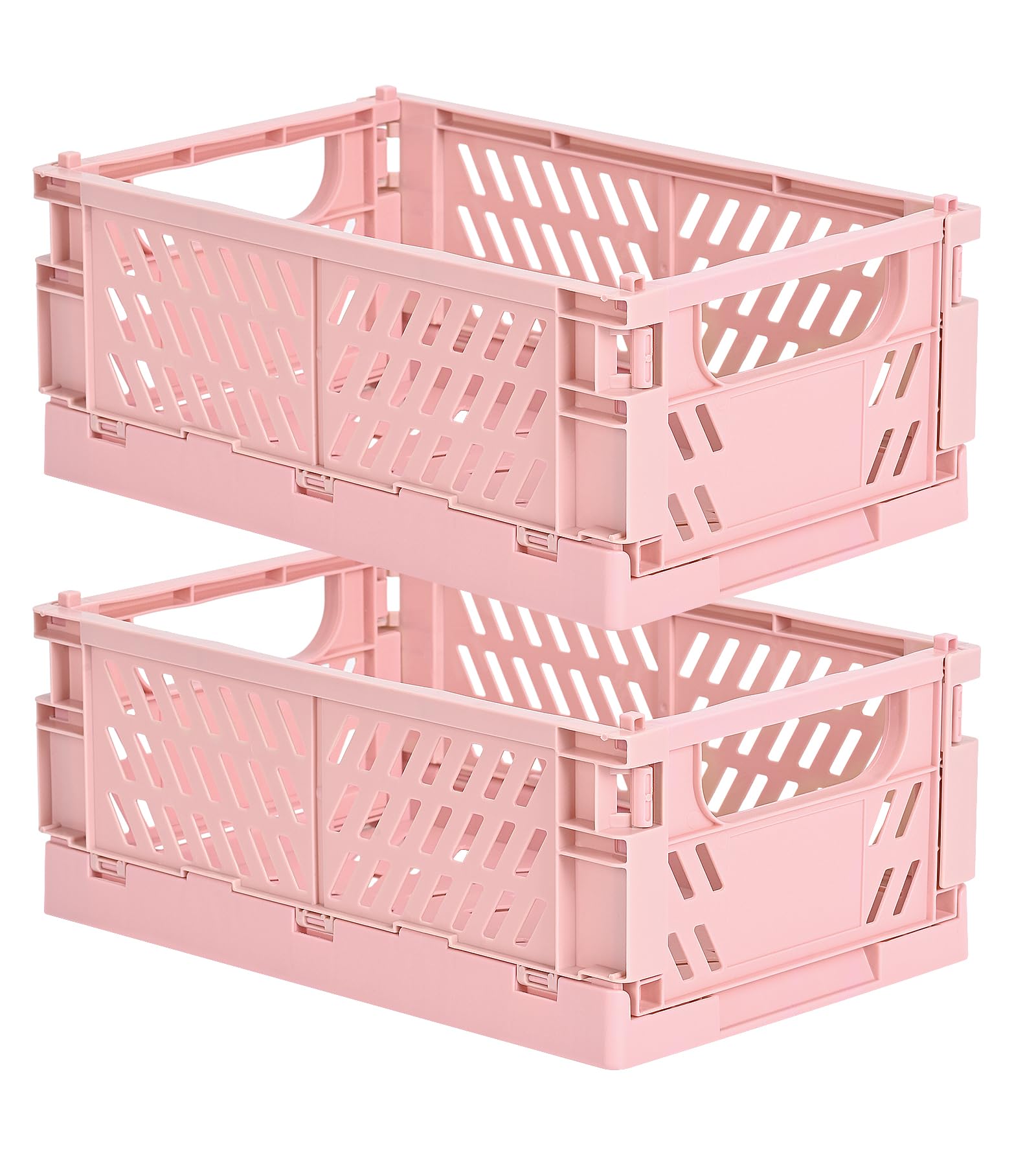 Photo 1 of HUUSMOT 2-Pack Small Pastel Plastic Storage Baskets, Collapsible Crates for Organizing, Space-Saving Mini Bins for Classroom, Kitchen, Office, Bedroom (Pink, 9.8" x 6.5" x 3.8")