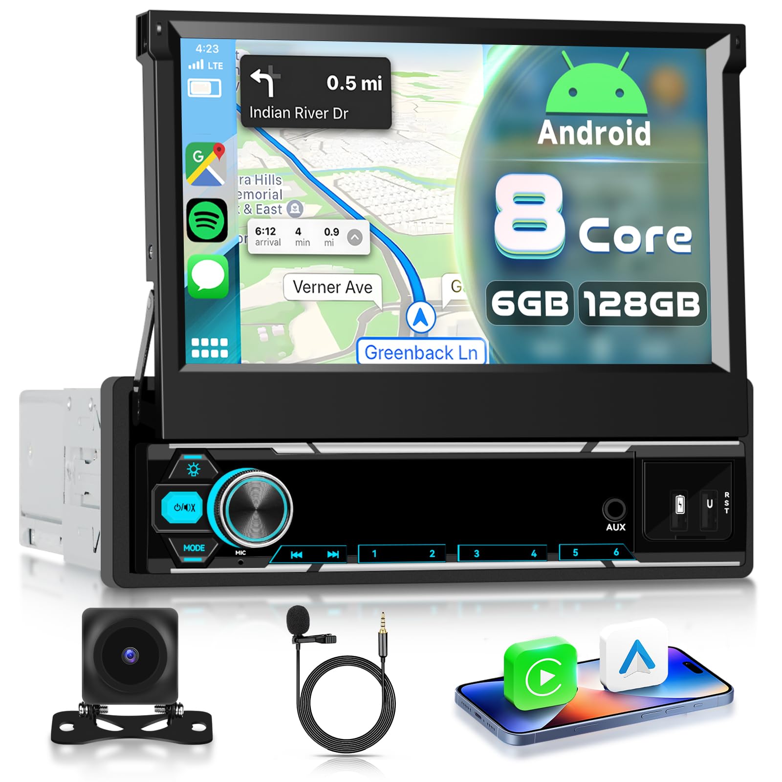 Photo 1 of 6+128G Android Single Din Touch Screen Car Stereo with Wireless Carplay& Android Auto, 7 inch 1 DIN Flip Out Radio with GPS Wifi Bluetooth Mirror Link Steering Wheel Control FM DSP USB AUX+ Backup Cam