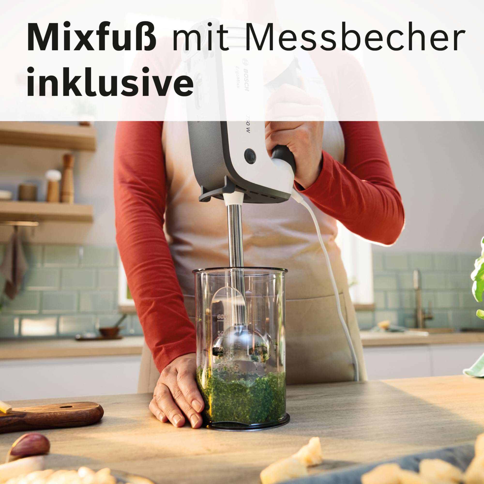 Bosch Handrührgerät, mit Pürierstab, Mixbecher, Edelstahl Rührer, Knethaken, spülmaschinenfest, 5 Stufen plus Turbotaste, weiß/grau, 750 W, ErgoMixx MFQ37470 6