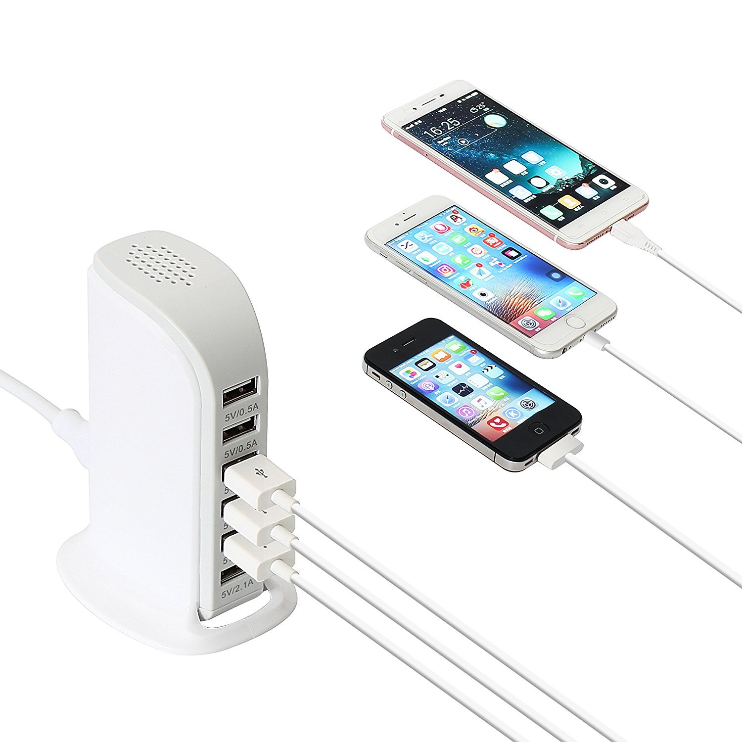 Multiple USB Tower Power Adapter 6-Ports Fast Charging Station for Apple iPhone X/XS/XR/XS MAX/ 8/7/6/6S Plus 5S iPad Pro Air Mini Samsung Galaxy S9 S8 Plus Note 8 5 S7 and More(White)