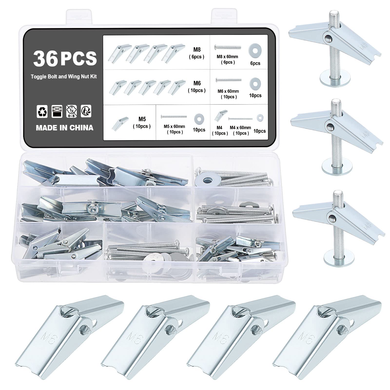 Knpwer 36 Pcs Toggle Bolt and Wing Nut Kit,M4 M5 M6 M8 Round Head Toggle Bolt and Wing Nut,for Drywall Hanging Heavy Items
