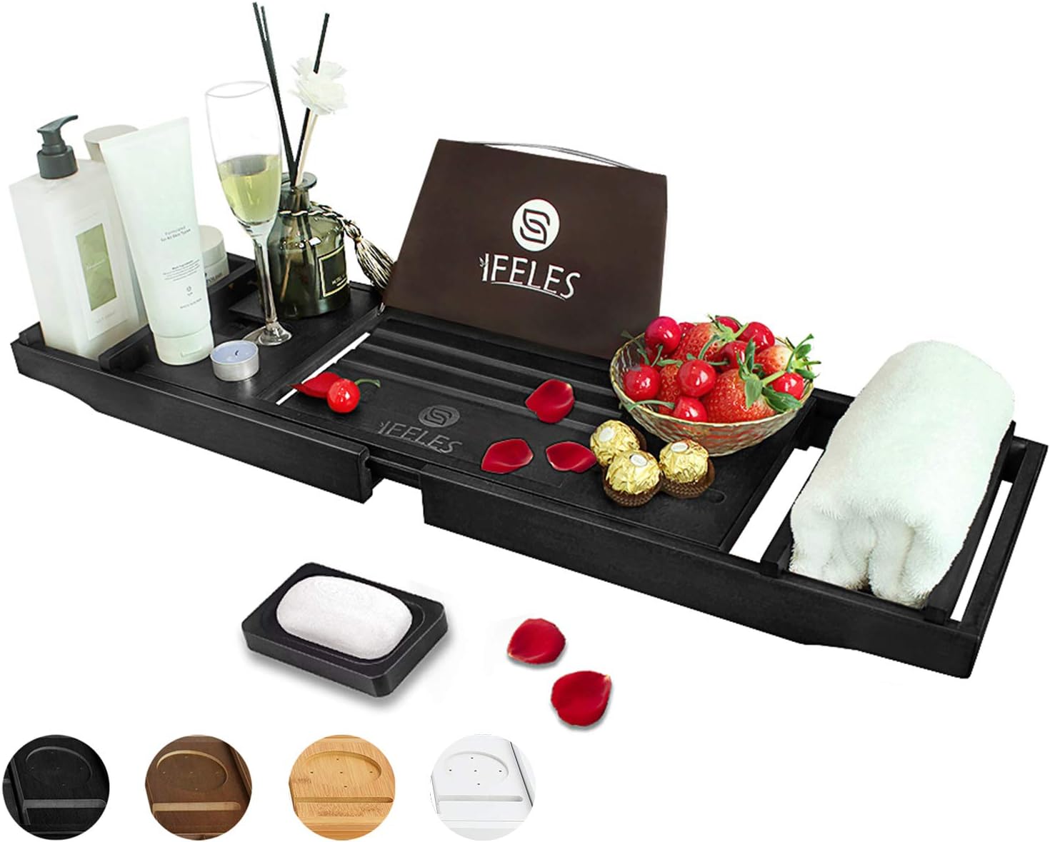 IFELES Luxury Bathtub Caddy Tray, One or Two Person Bath and Bed Tray, Bonus Free Soap Holder (Black Bamboo Color…: Kitchen & Dining