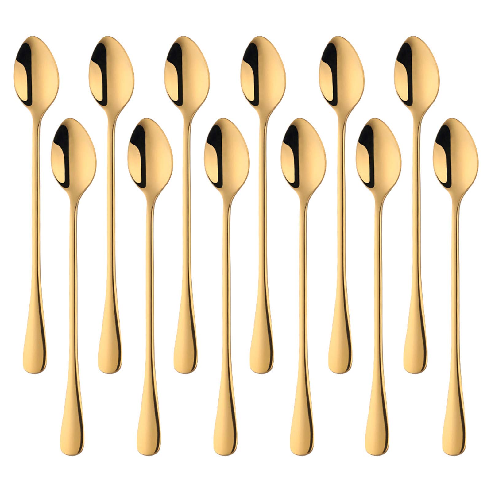 SUNSENGEUR Long Handle Stirring Spoon, DaKuan Set of 12 Stainless Steel Mixing Spoon for Iced Tea, Coffee, Cocktail, Milkshake, Cold Drink,Oxford-Gold