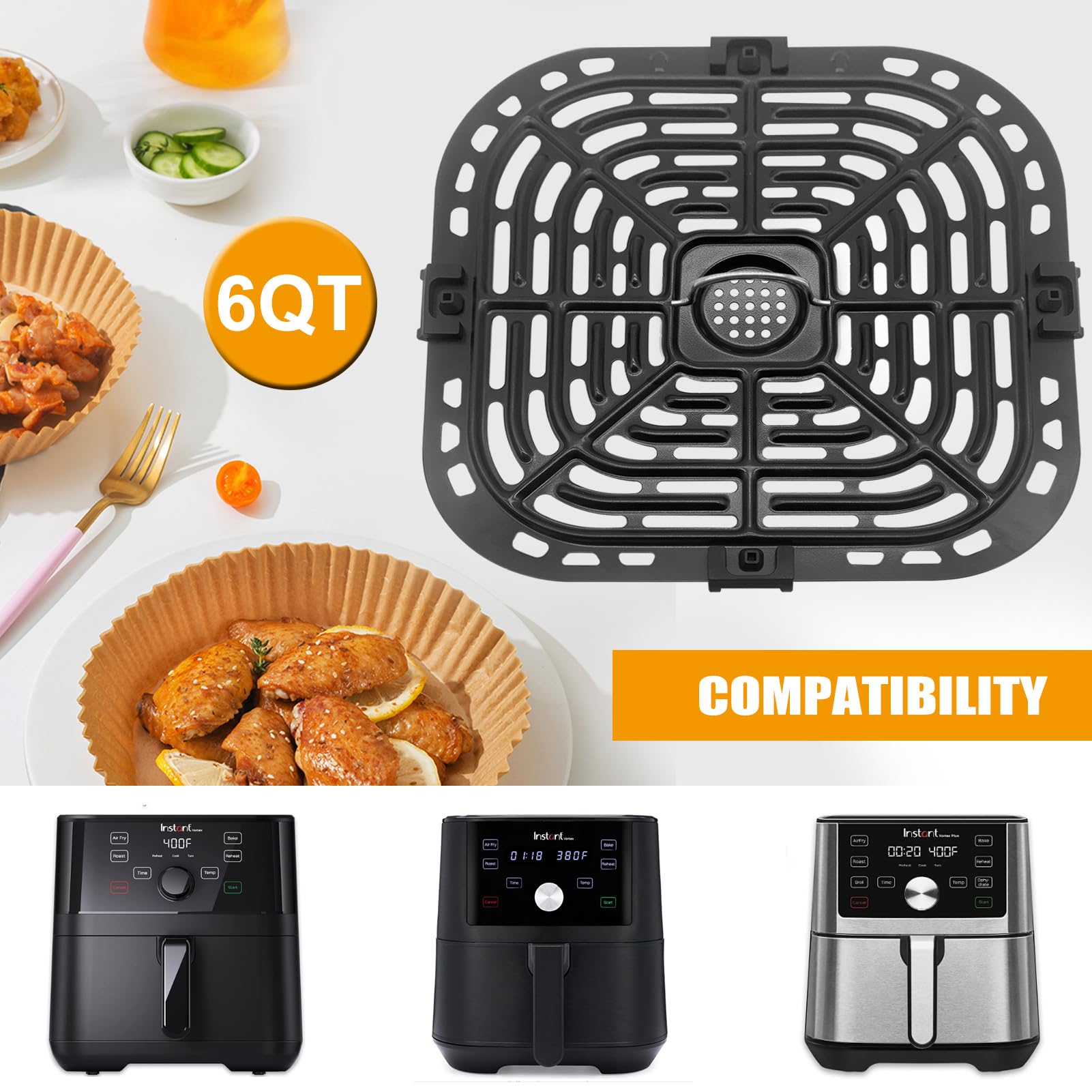 Air Fryer Accessories for Instant Vortex 6 in 1 5.7QT 6QT Gourmia GAF735 6 QT, Original Replacement Air Fryer Grill Plate Grill Pan Crisper Plate Tray Rack Parts, Dishwasher Safe