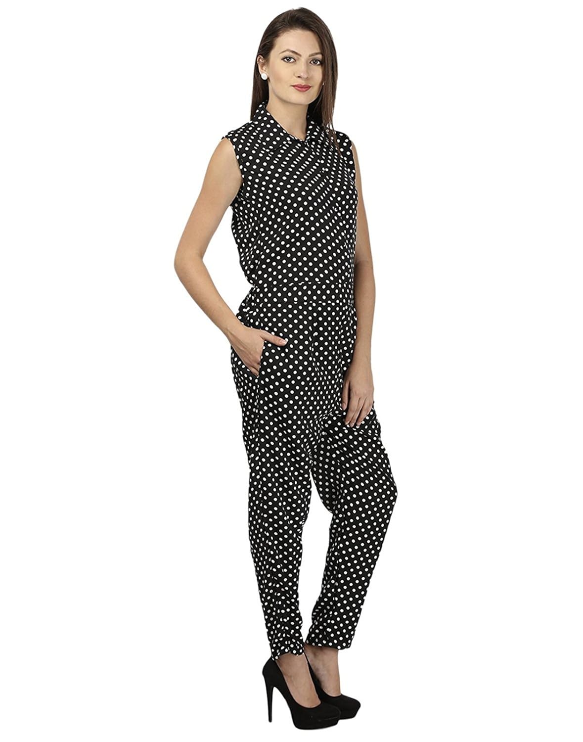 my swag women's polka dot print collared sleeveless jumpsuit